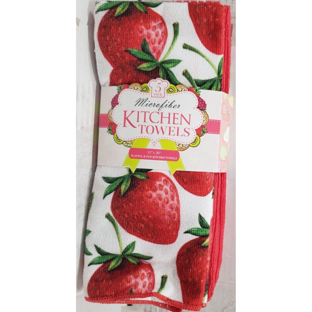 5pc Set Different Microfiber Kitchen Towels (15"x26") STRAWBERRIES & RED COLOR